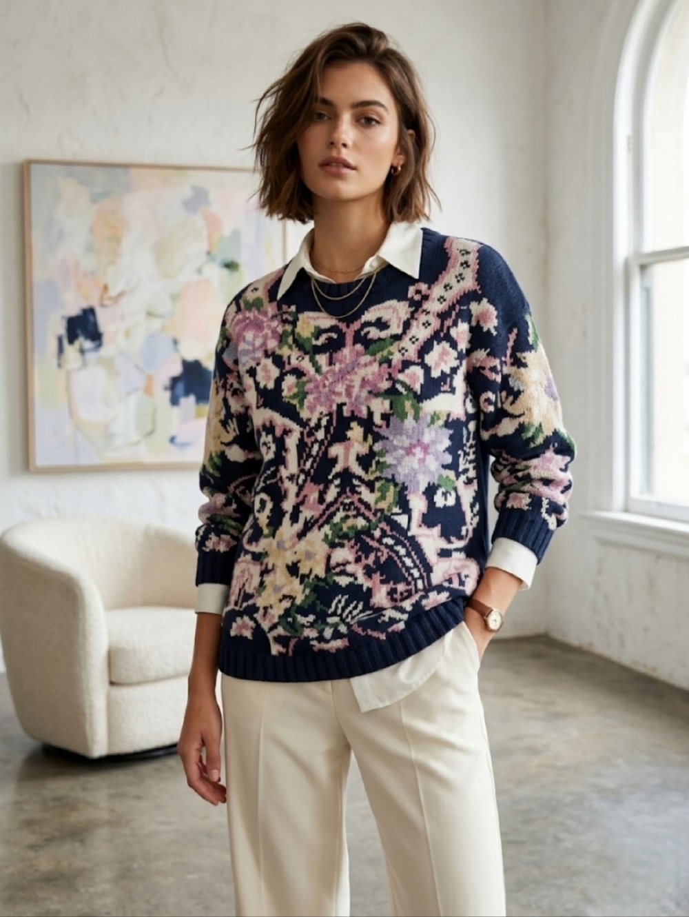 Vintage Coquette Floral Cotton Blend Multicolor Knitted Cottagecore Sweater Sz M